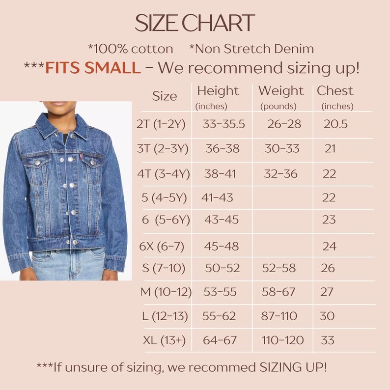 The image is a size chart for a denim jacket, providing measurements and recommendations for different age groups.