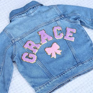Personalized Jean Jacket Girl Custom Toddler Jacket with Name Chenille Letter Patch Name Jacket for Toddler Girl Personalized Denim Jacket image 5
