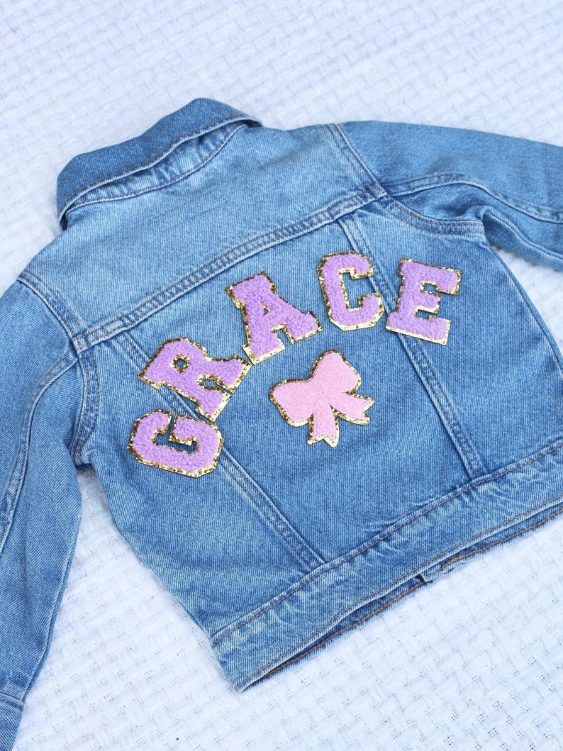 Personalized Jean Jacket Girl Custom Toddler Jacket with Name Chenille Letter Patch Name Jacket for Toddler Girl Personalized Denim Jacket image 5