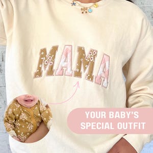 Personalized MAMA Sweatshirt with Baby Clothes Mama Keepsake Sweatshirt for New Mom Embroidered Pullover from Baby Outfit Special Mom Gift