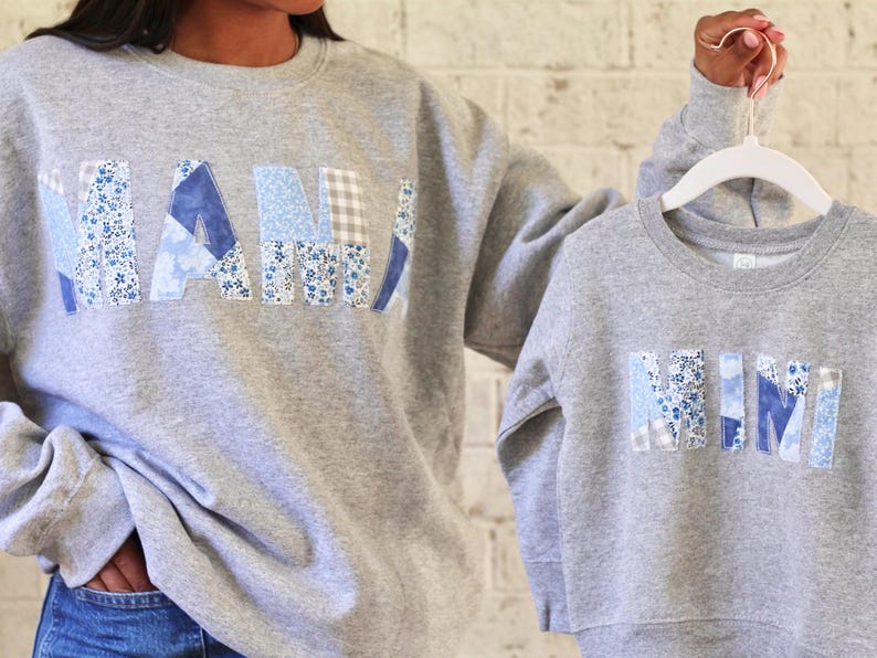 MAMA MINI Sweatshirt Set Mother Day Gift Blue Patchwork Mama Sweater