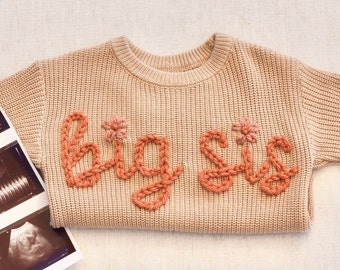 Big Sister Sweater for Big Sis Chunky Sweater for Baby Announcement Embroidered Pullover for Lil Sis Sweatshirt Baby Name Sweater Big Sister