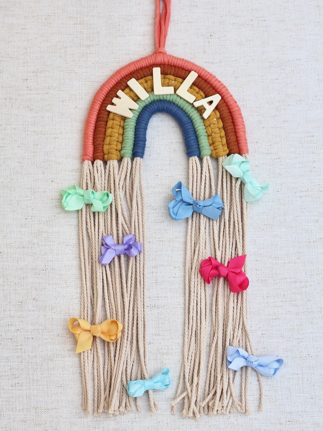 Personalized Rainbow Bow Holder Macrame Bow Hanger Boho Bow Etsy