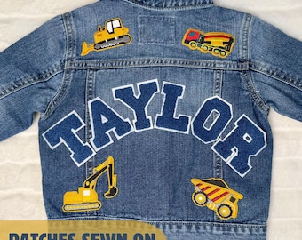 Personalized Boy Denim Jacket with Patch Construction Birthday Jacket with Name Jean Jacket for Boy Custom Jacket with Varsity Letter Patch