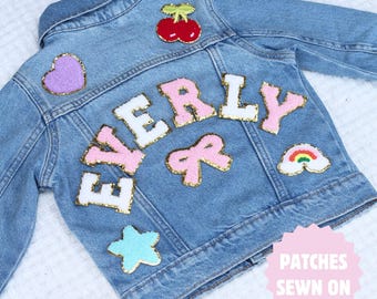 Personalized Jean Jacket Girl Custom Toddler Jacket with Name Chenille Letter Patch Name Jacket for Toddler Girl Personalized Denim Jacket
