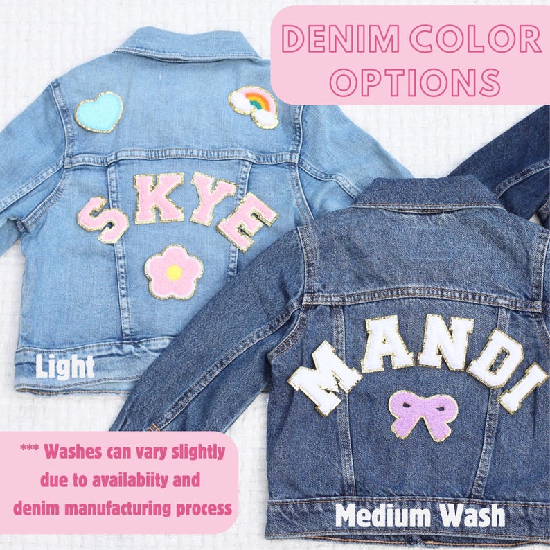 a denim jacket with the words sky, sky, and mandi written on it