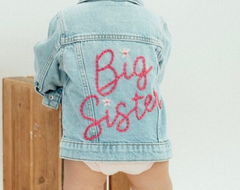 Big Sister Jacket for Toddler Big Sis Announcement Big Brother Jacket for Baby Announcement Personalized Jean Jacket for Sister Denim Jacket