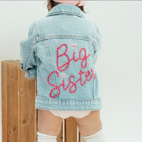 Big Sister Jacket for Toddler Big Sis Announcement Big Brother Jacket for Baby Announcement Personalized Jean Jacket for Sister Denim Jacket