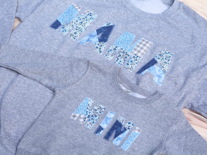 MAMA MINI Sweatshirt Set Mother Day Gift Blue Patchwork Mama Sweater