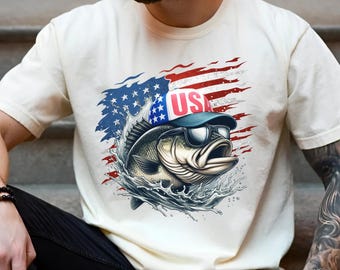 USA Bass Fishing Shirt, Patriotic Fisherman Tee, Retro Style