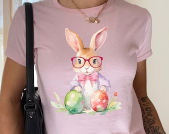 Cute Easter Bunny Baby Tee, Nerdy Bunny Shirt, Pastel Bunny Top, Y2k Baby Tee, Spring Shirt, Easter Outfit for Women, Bunny Graphic Tee