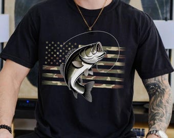 Comfort Colors® Fishing USA Flag Shirt, Camo Patriotic Fishing Tee, Father's Day Gift, 4th of July Shirt, Retro Fisherman Graphic Tee
