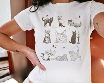 Vintage Cat Graphic Baby Tee, Retro Kitten Shirt