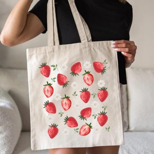 Strawberry Tote Bag Strawberry Lover Gift, Grocery Tote Cute Tote Farmers Market Bag, Cute Tote Bag, Canvas Tote Bag, Strawberry Tote