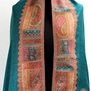 Large Turquoise Multicoloured   Pashmina Kani Embroidered Shawl, Winter Wrap (40x80 inches)