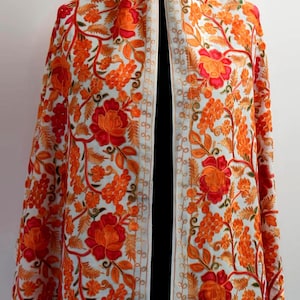 Embroidered Floral Pashmina Shawl: Lightweight Wool Scarf, Kashmiri Wrap