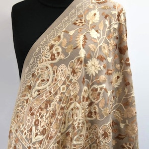 Large Beige   Pashmina Needle work Silk Embroidered Shawl, Winter Wrap (40x80 inches)
