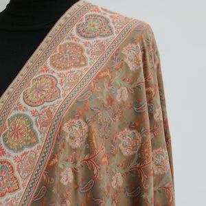 Large Beige   Pashmina Kani Embroidered Shawl, Winter Wrap (40x80 inches)