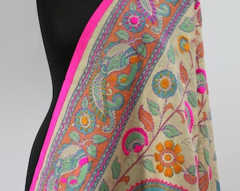 Mughal Darbar Phulkari Dupatta Silk/ Hand Embroidered/ Festive Wedding Dupatta/ Floral Shawl
