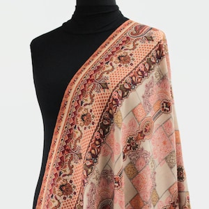 Beige   Jamawar Jacquard Design Wool Stole, Winter Wrap