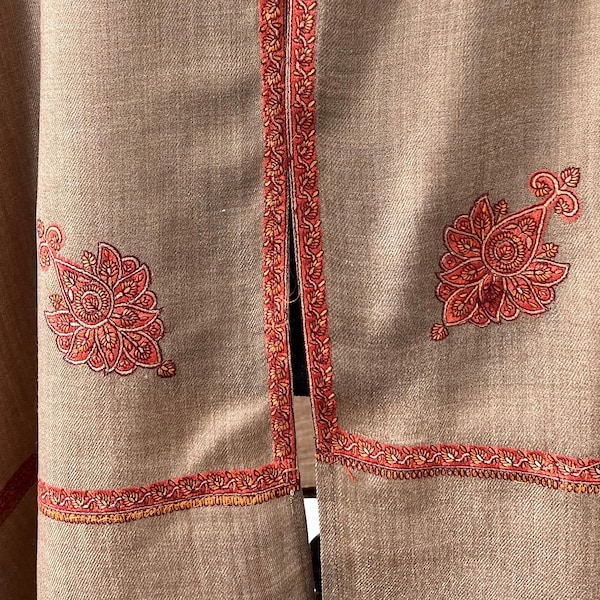 Large Beige Cashmere Pashmina Kingri Border Kashmiri Embroidery Shawl, Wrap
