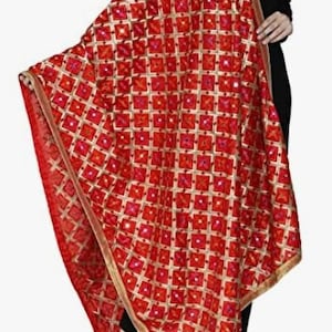 Embroidered Chiffon Dupatta: Punjabi Phulkari Shawl with Mirror Work