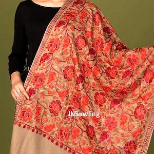 Embroidered Pashmina Wool Shawl: Beige Floral Scarf, Kashmiri Wrap