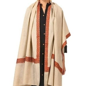 Large Beige Cashmere Pashmina Embroidered Shawl, Winter Wrap (40x80 inches)