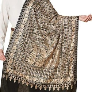 Beautiful High quality Black Lightweight Embroidered Floral Stole/ Wrap Wool Shawl/ woolen Scarf/ Gift Scarf(30 x 80Inches)