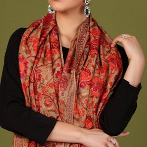 Embroidered Pashmina Wool Shawl: Beige Floral Scarf, Kashmiri Wrap