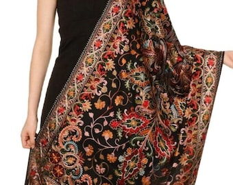 Regal Collection, Cashmere Pashmina Hand Embroidery Nalki Stole Scarf, Rich Black