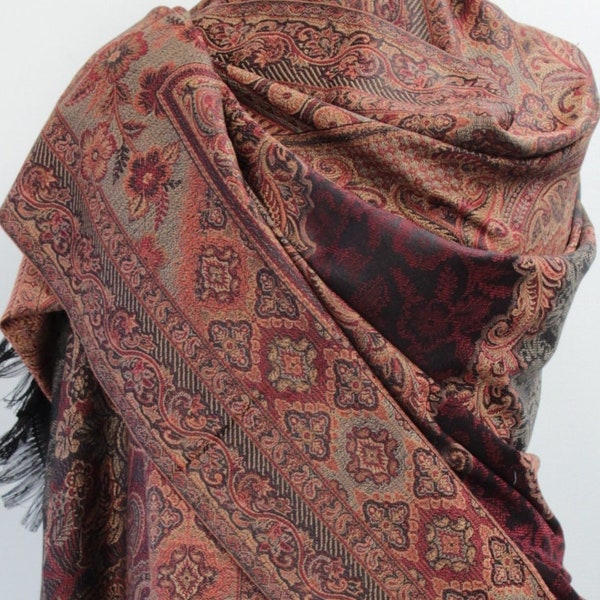 Exclusive Large Beige Kashmiri Jamawar Jacquard Design Wool Shawl, Soft and Warm Scarf (40 x 80 Inches)