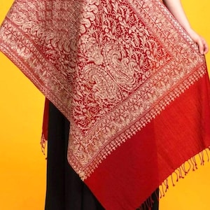 Red Aari Embroidered Pashmina Shawl: Lightweight Silk Gold Thread Stole