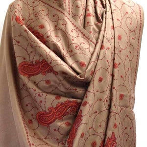 Exclusive Soft and Light Large Beige Pashmina Wool Embroidered Shawl, Winter Wrap (40x80 inches) image 1