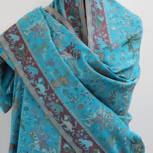 Chal pashmina grande de Cachemira: diseño darbar mogol, tejido kani de pura lana