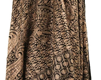 Embroidered Black Kashmiri Pashmina Shawl: Aari Silk Thread Stole (30x80 Inches)