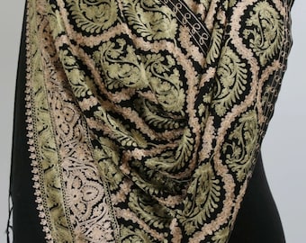 Embroidered Black Kashmiri Pashmina Scarf: Aari Needlework Stole