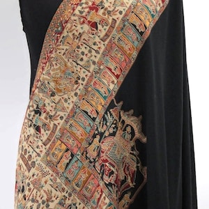 Mughal Darbar svart Kani-vävd pashminasjal: Ren ullsjal (100x200 cm)