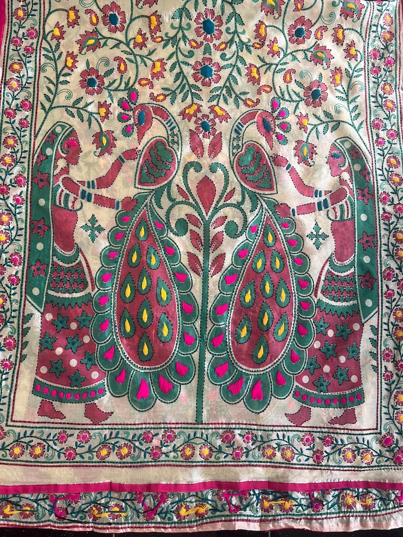 Mughal Darbar Phulkari Dupatta Seide / Hand bestickt / Festliche Hochzeit Dupatta / Floraler Schal Bild 6