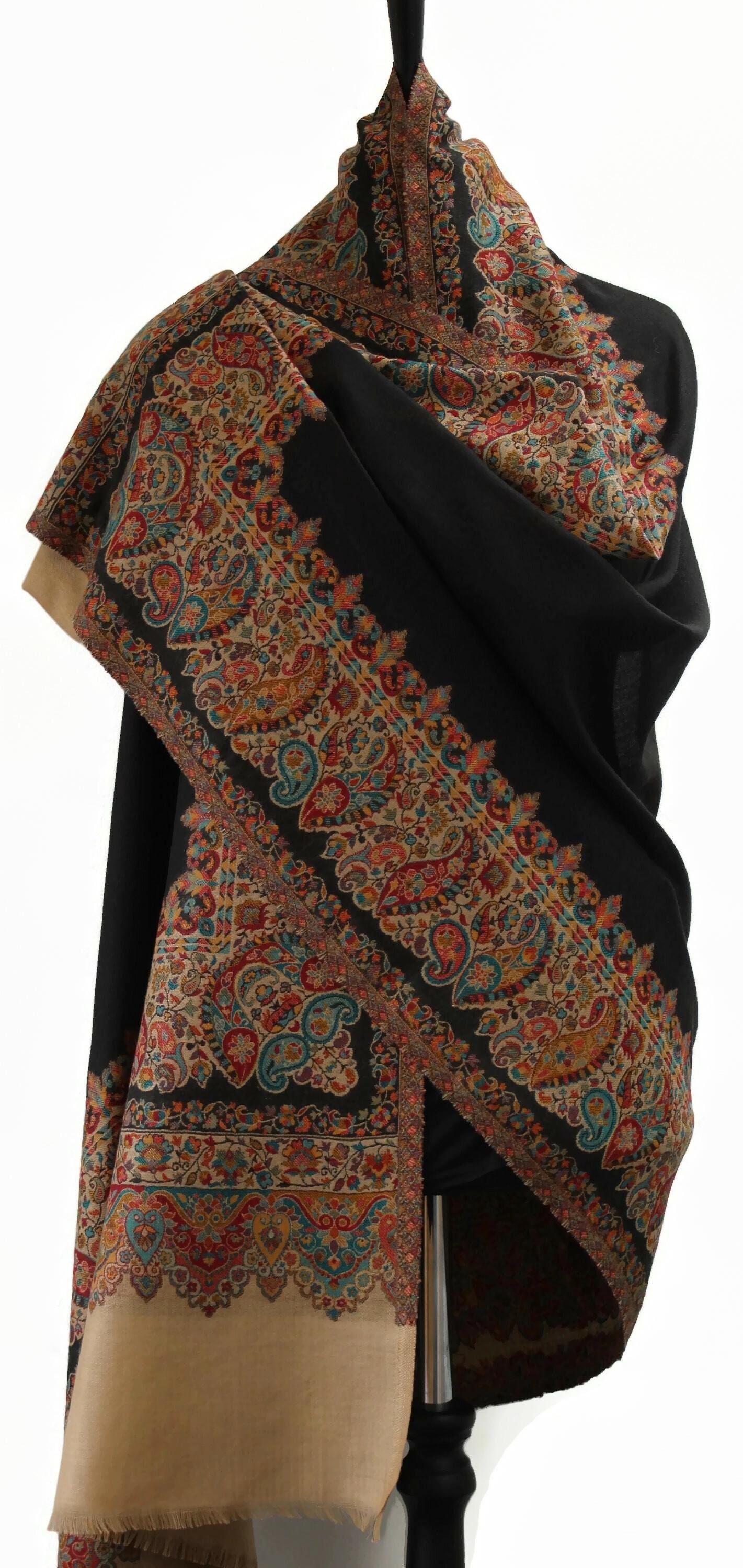 Large Black and Beige Kashmiri Pashmina Kaani Embroidered