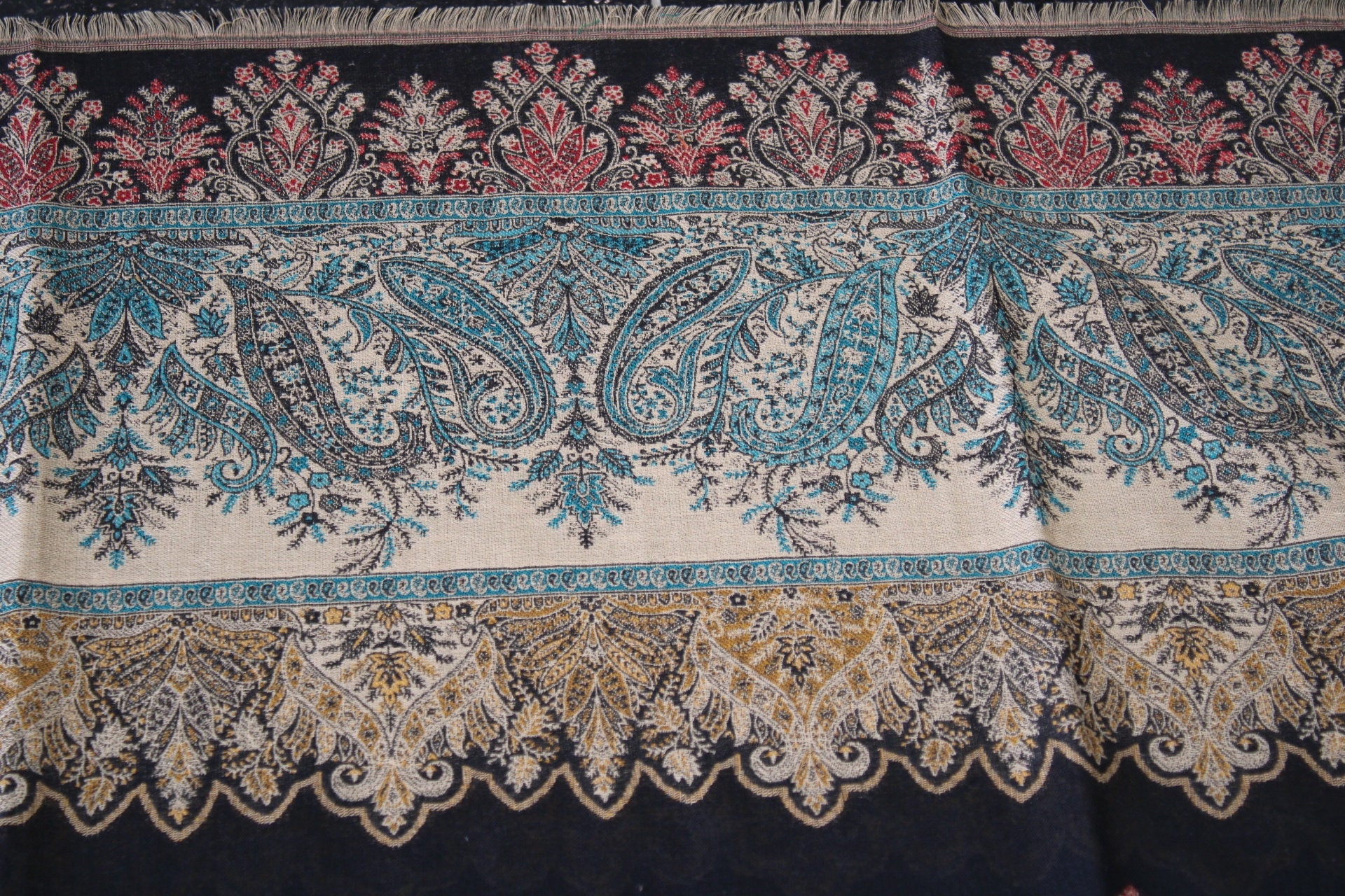 Large Black Wool Blend Kaani Jacquard Shawl, Winter Wrap