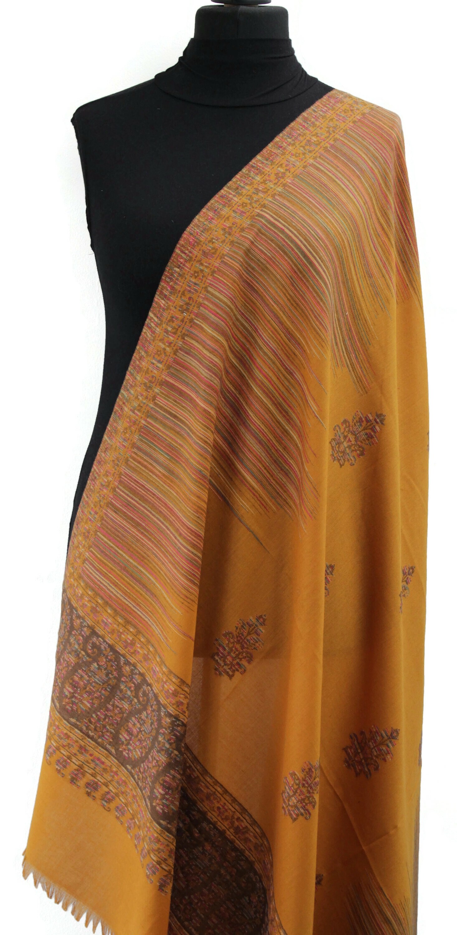 Large Mustard Jcquard Kaani Design Embroidered Shawl, Winter Large Mustard Jcquard Kaani Design Embroidered Shawl, Winter