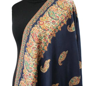 Embroidered Kashmiri pashmina Kani Weave Shawl, Blue Beige Paisley Winter Wrap (40x80 inches)
