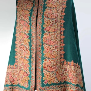 Large Turquoise   Pashmina Kani Embroidered Shawl, Winter Wrap (40x80 inches)