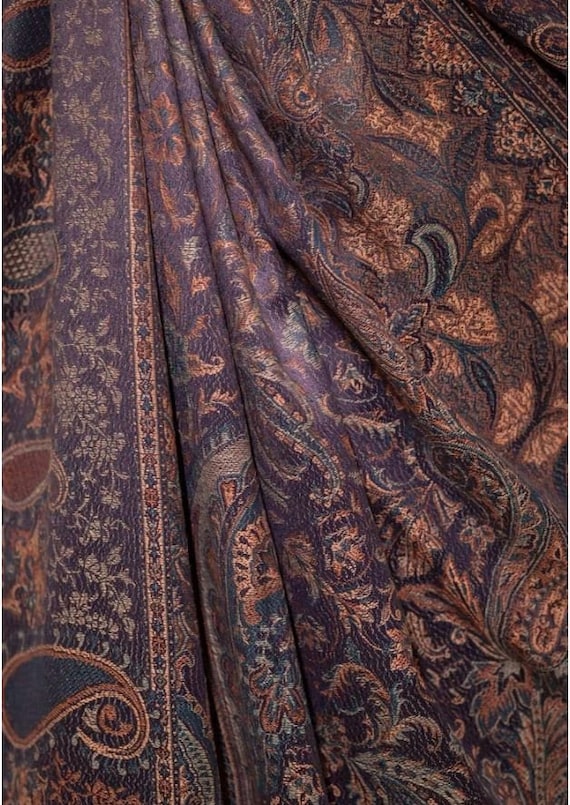 Large Blue Kashmiri Jacquard Design Pashmina Wool Shawl