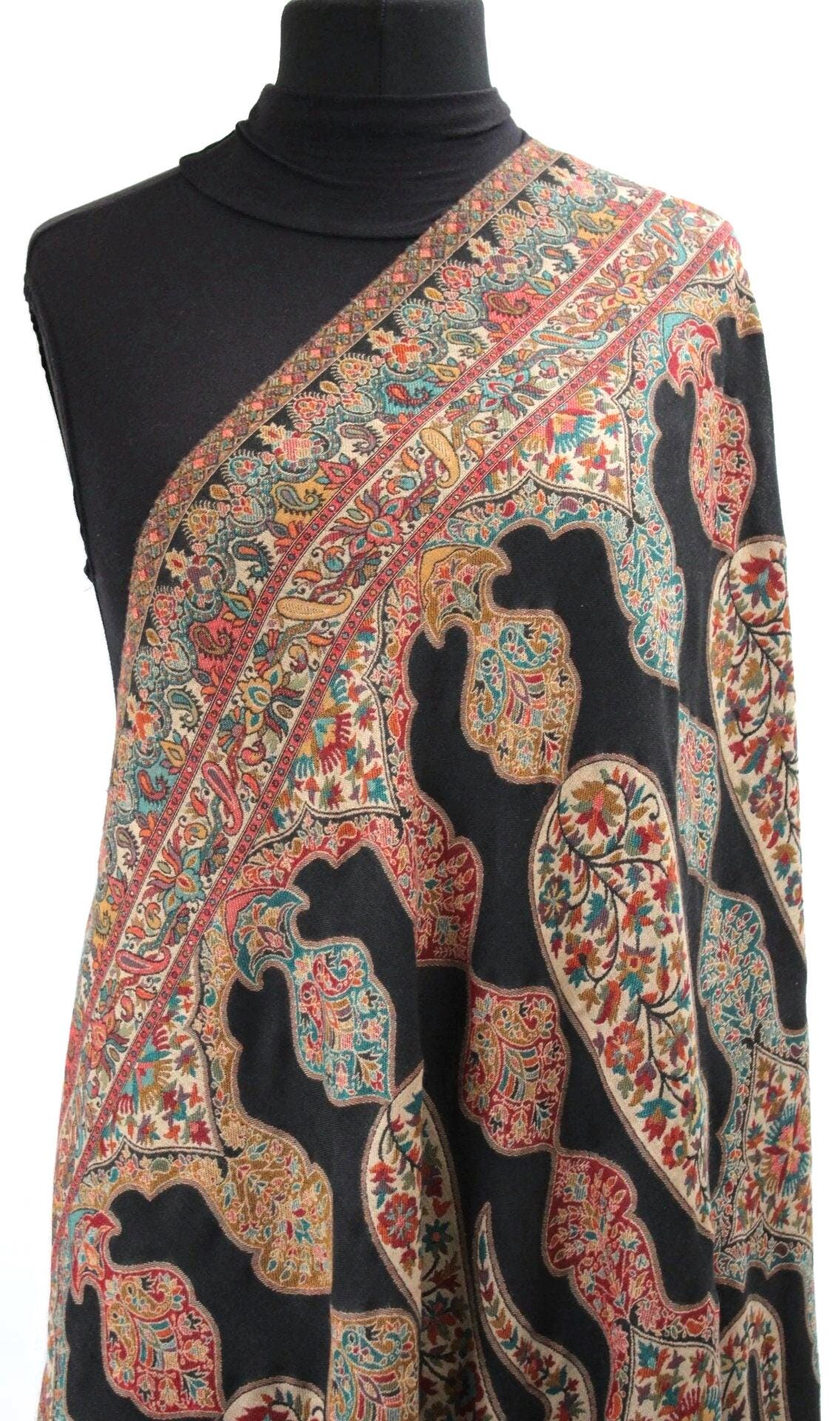 カニ織パシュミナショール大判 大型ブラックマルチカラーパシュミナカニ織りショール、冬用ラップ（40