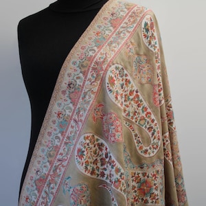 Exclusive Ivory and Beige   Pashmina Kani Embroidered Shawl, Stole, Wrap (40x80 inches)