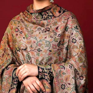 Exclusive Beige and Black Cashmere Pashmina Kani Embroidered Shawl, Soft and Warm