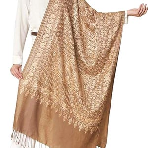 Wunderschöner Beigefarbener Hochwertiger Nadelarbeitsseide Bestickter Feiner Pashmina Schal Stola (70x80 Zoll)