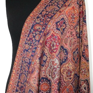 Large Blue and Beige Pashmina Kani Jacquard Shawl, Winter Wrap (40x80 inches)